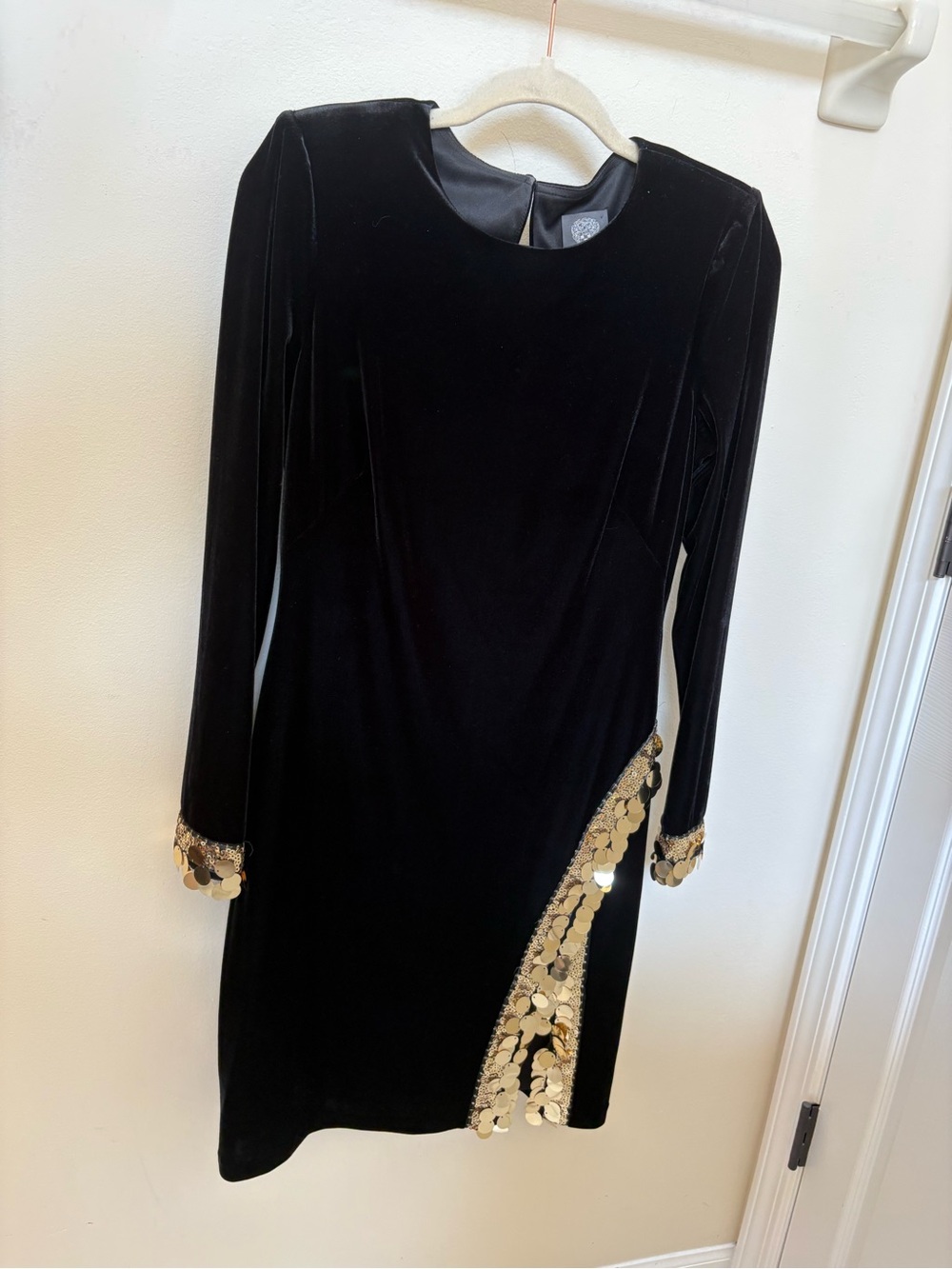 Vince Camuto Black Velvet Mini Dress with Gold Sequin Trim